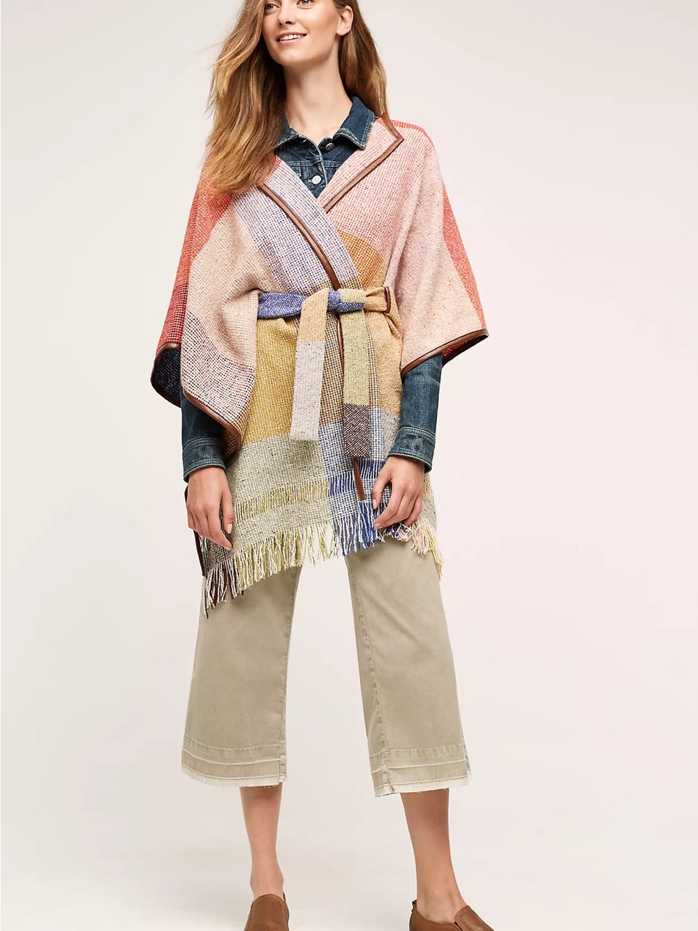 Anthropologie Nomad Morgan Carper Colorpane Poncho Cape Boho Western Belted M/L